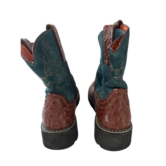 Ariat Fatbaby Ostrich Print Western Boots 9.5 B Brown & Teal Leather - Picture 3 of 13